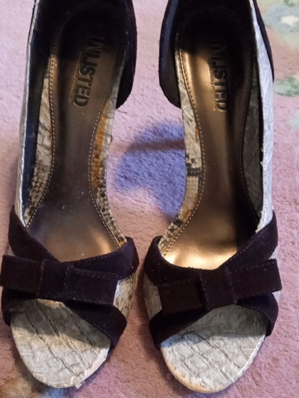 Unlisted Brown and Tan Open-Toe Heels with Bow Accent